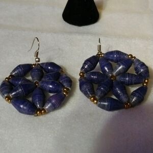 Vintage blue pierced earrings hand rolled paper beads (sku 234)